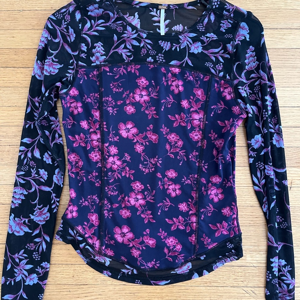 Mesh Floral Long Sleeve Top - Black and Purple